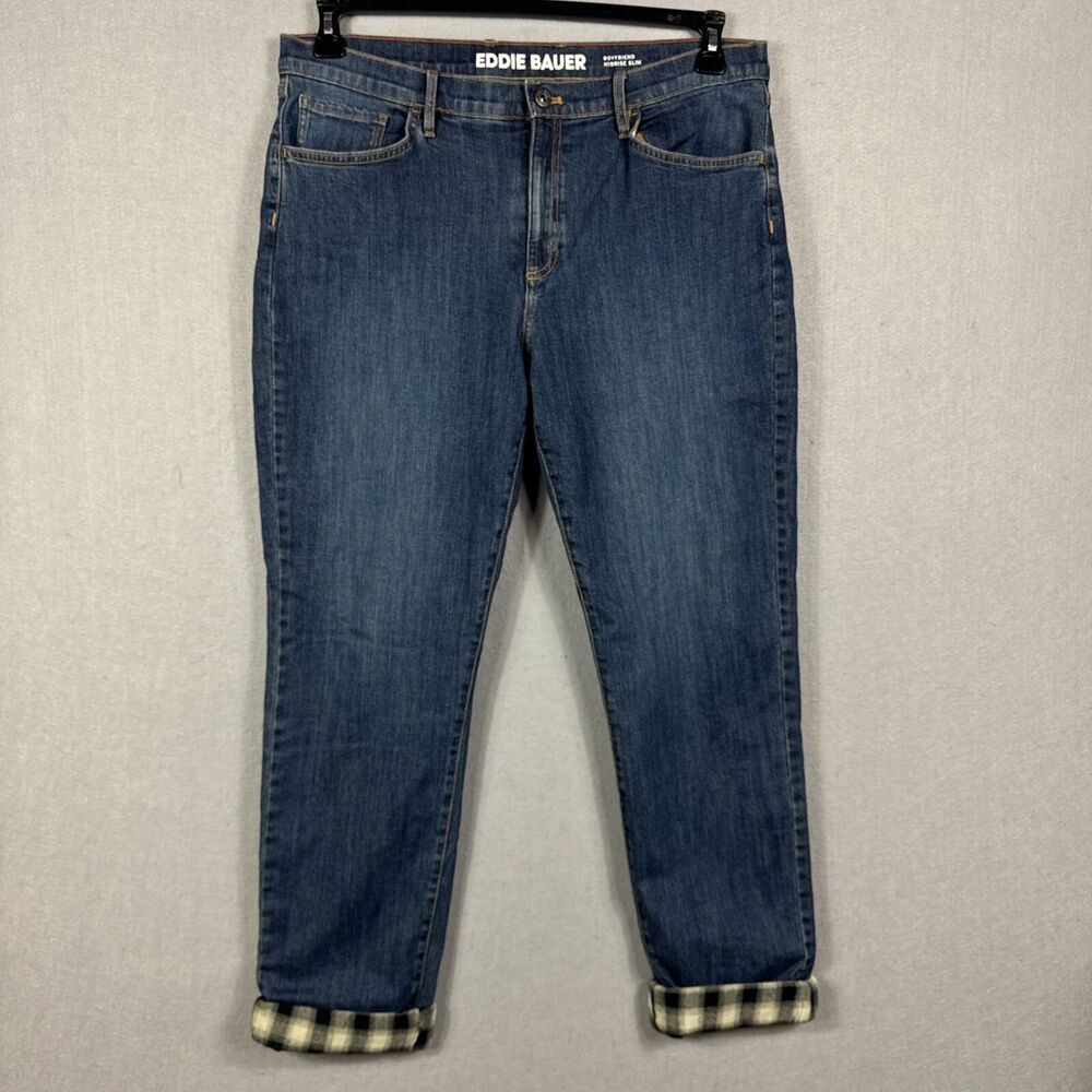 Eddie Bauer Flannel Lined Boyfriend Jeans Women's 14 Midrise Slim Blue Dark Wash